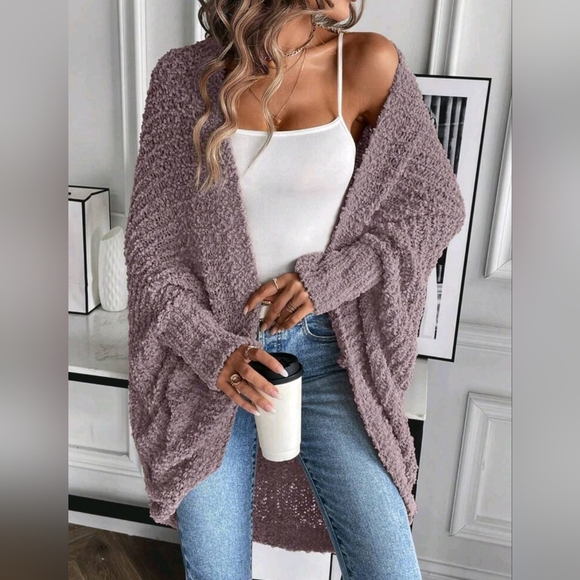 NEW Chic Textured Knit Cocoon Cardigan Sweater Muted Purple - Picture 3 of 8